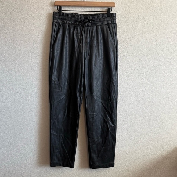 Loft Black Pull On Drawstring Elastic Waist Faux Leather Vegan Ankle Pants Sz SM - Picture 2 of 13